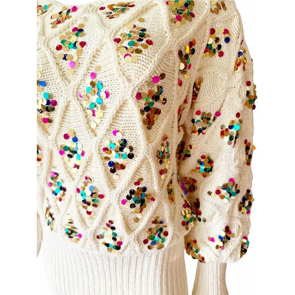 Anthropologie Lara Sequined Sweater Cream Multicolor Party New Years NWT Small